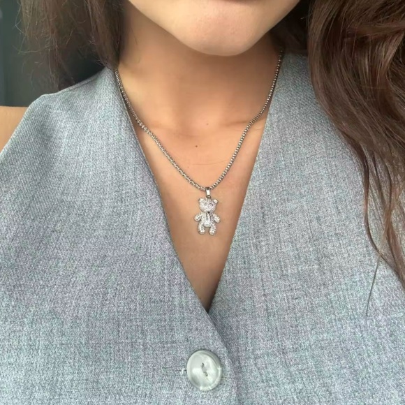 Teddy Bear Silver Crystal Chain Necklace - Picture 2 of 9